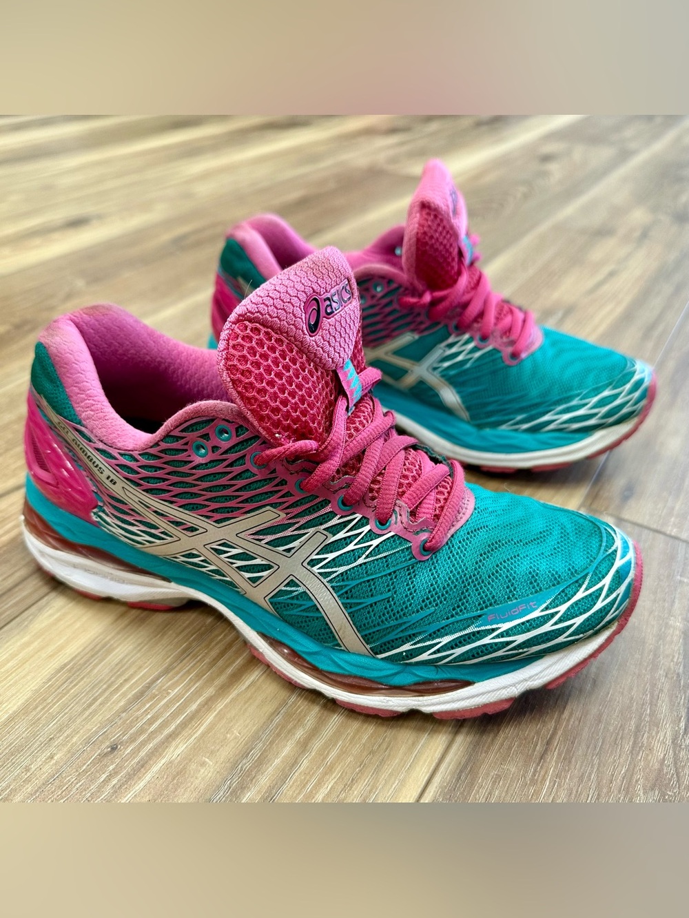 Asics Gel-Nimbus 18 Running Shoes, T650N, Pink Teal Silver, Women’s 7.5